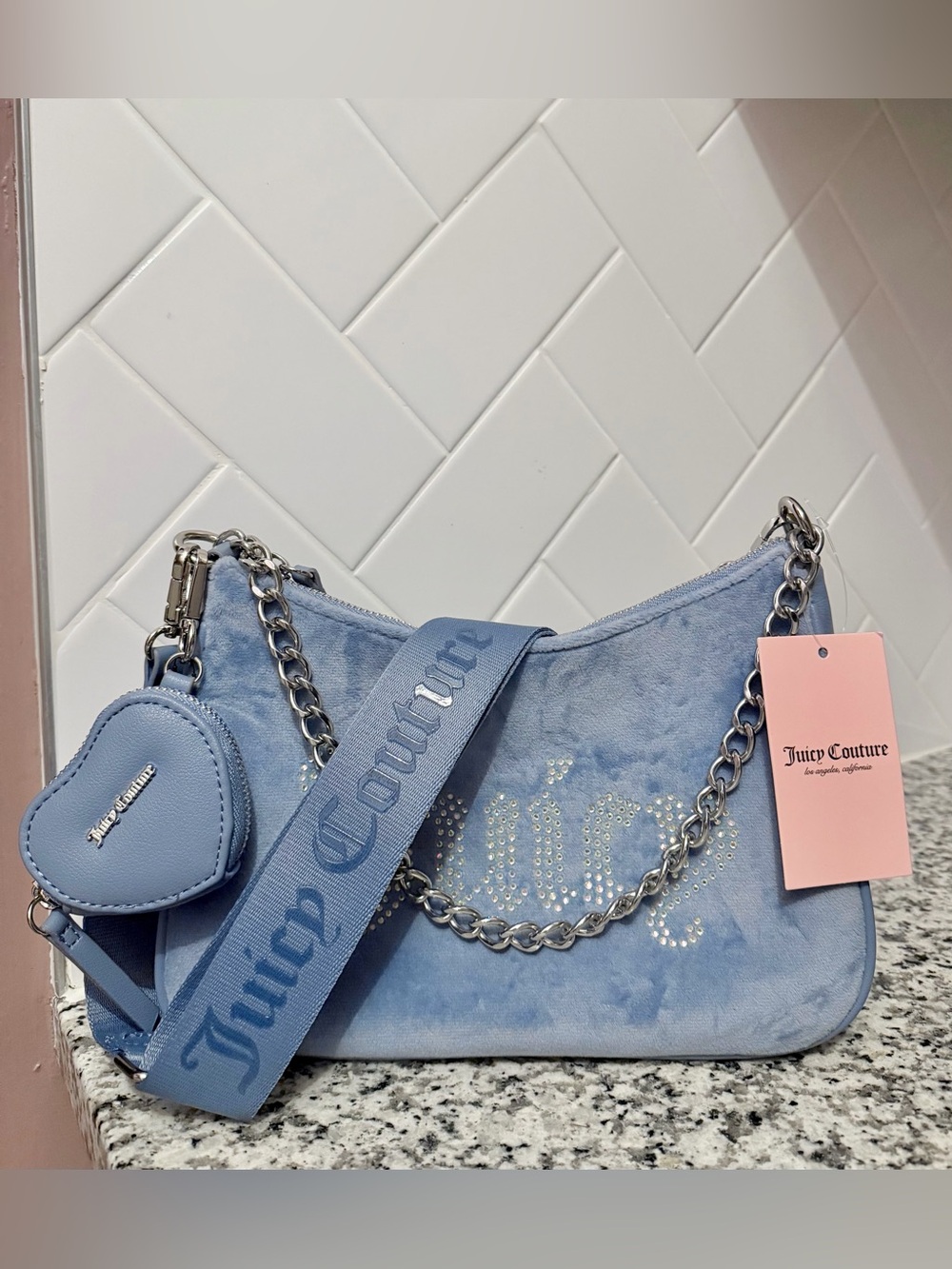 NWT Slate Blue Juicy Couture Velvet & Faux Leather Crossbody Bag w/Logo Strap